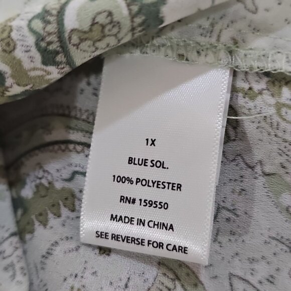 Carolina Belle Semi Sheer Cream And Green Paisley Tie Split Neck Top Plus Size1X - Picture 7 of 7